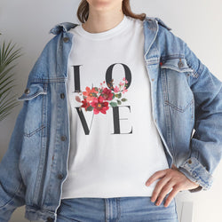 Floral Love Unisex Heavy Cotton Tee, Gift for Couples, Romantic Tee, Spring Fashion, Love T-Shirt, Valentine's Day Apparel