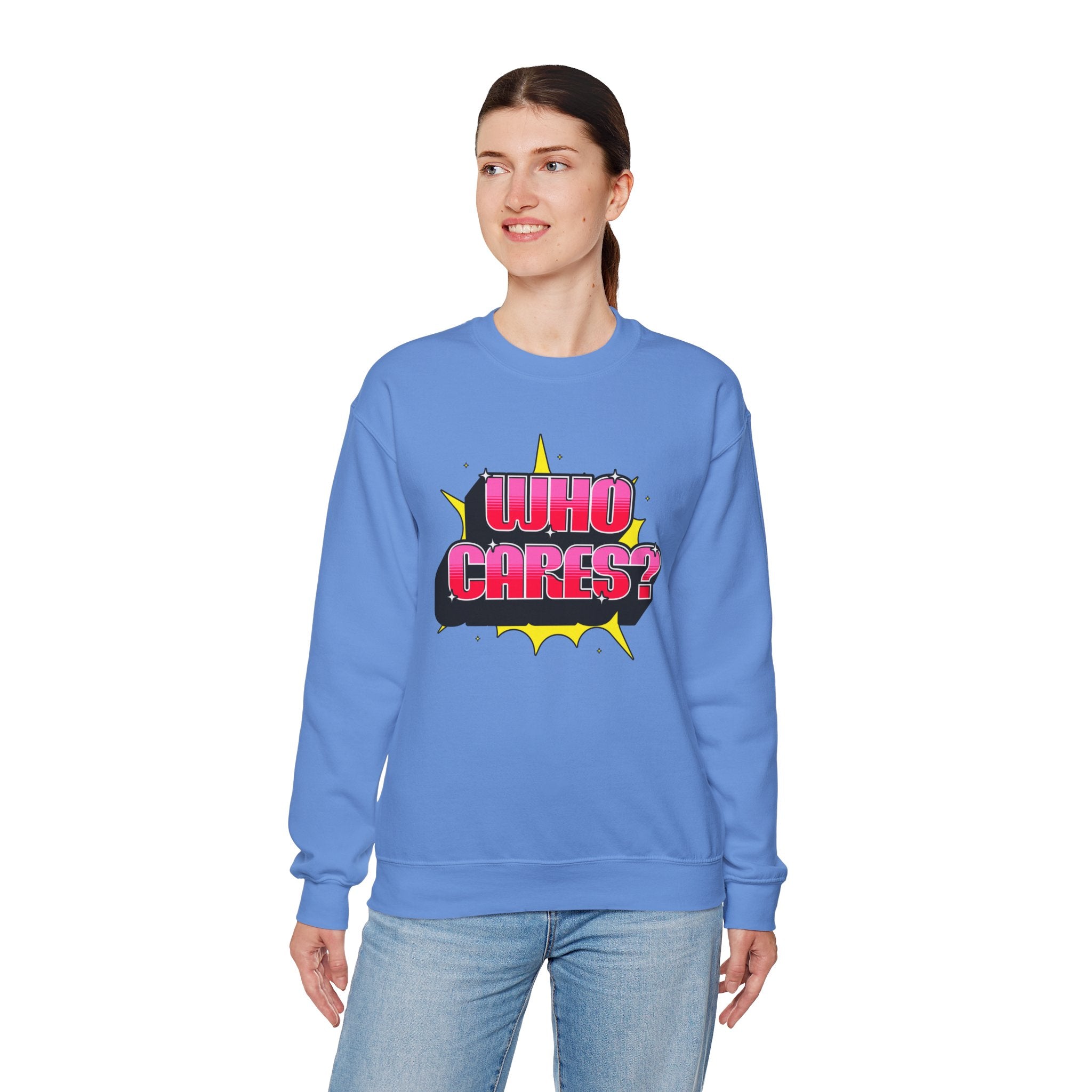 Playful Who Cares? Sweatshirt, Fun Crewneck, Casual Wear, Gift for Friends, Autumn Fashion, Cool Statement Piece