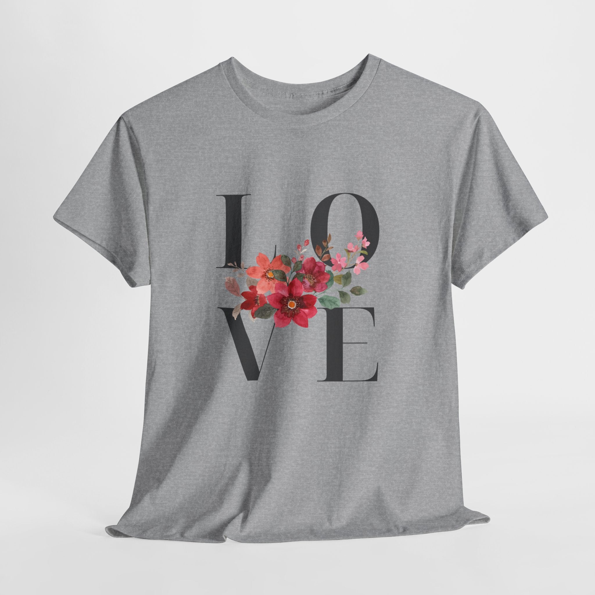 Floral Love Unisex Heavy Cotton Tee, Gift for Couples, Romantic Tee, Spring Fashion, Love T-Shirt, Valentine's Day Apparel