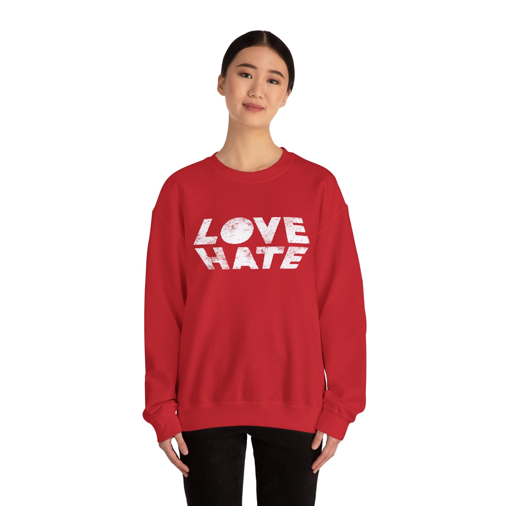 Unisex Heavy Blend™ Love Hate Crewneck Sweatshirt - Bold Red Casual Wear