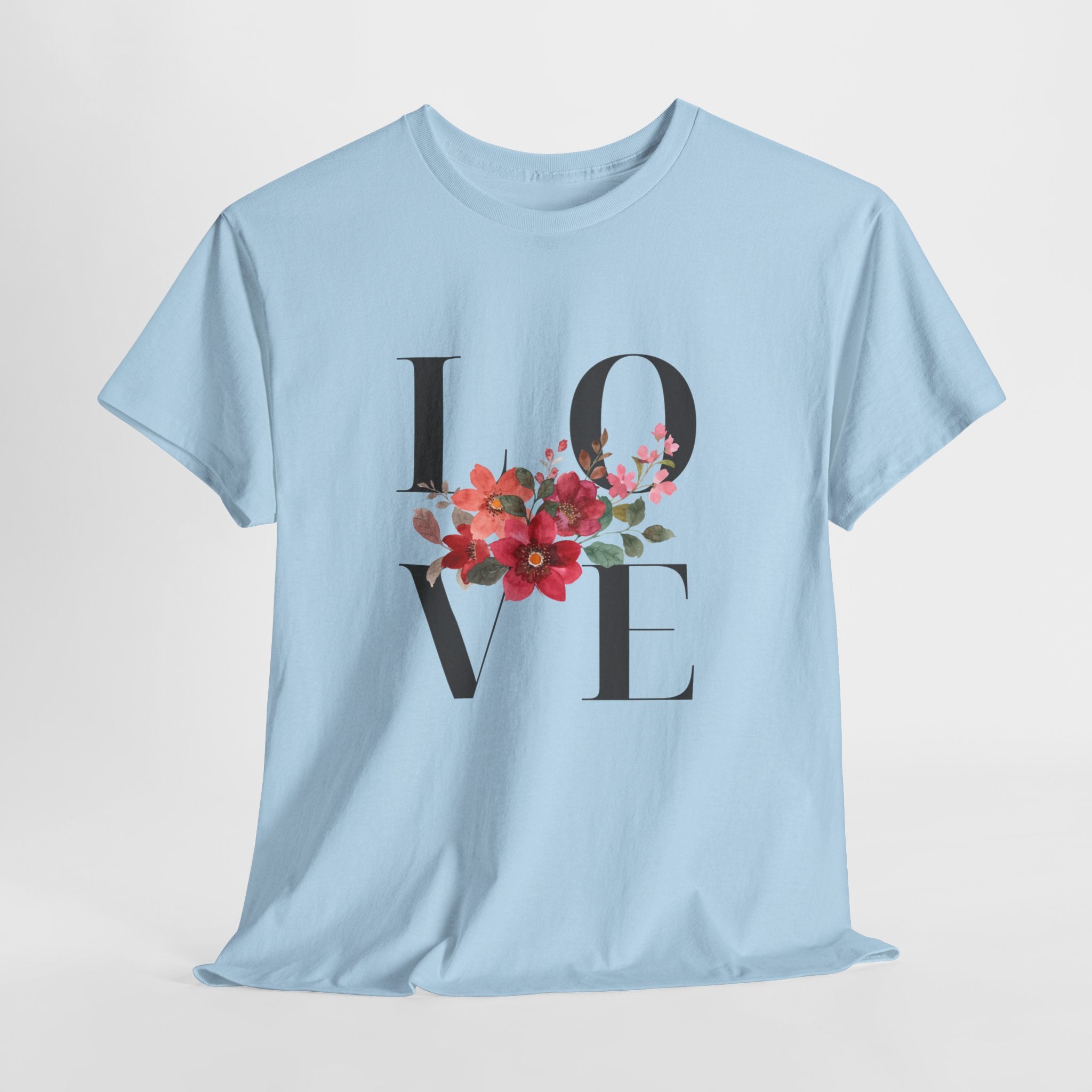 Floral Love Unisex Heavy Cotton Tee, Gift for Couples, Romantic Tee, Spring Fashion, Love T-Shirt, Valentine's Day Apparel